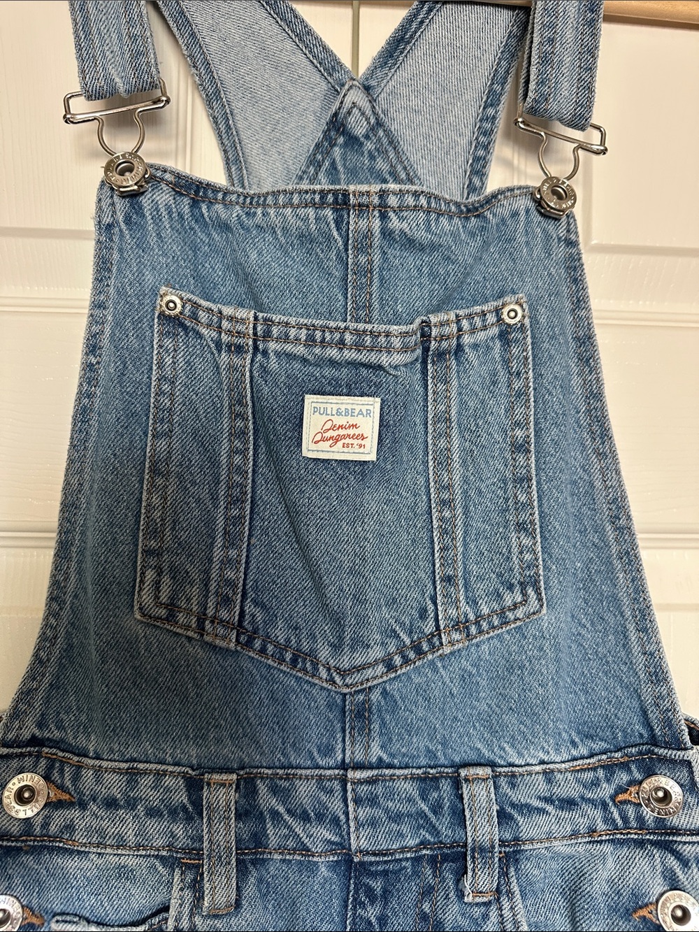 Pull&Bear Classic Denim Bib Overalls “Dungarees”- Medium Wash, Size Small, EUC - Picture 5 of 11